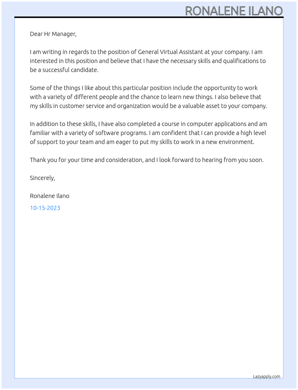 General Virtual Assistant At company Cover Letter