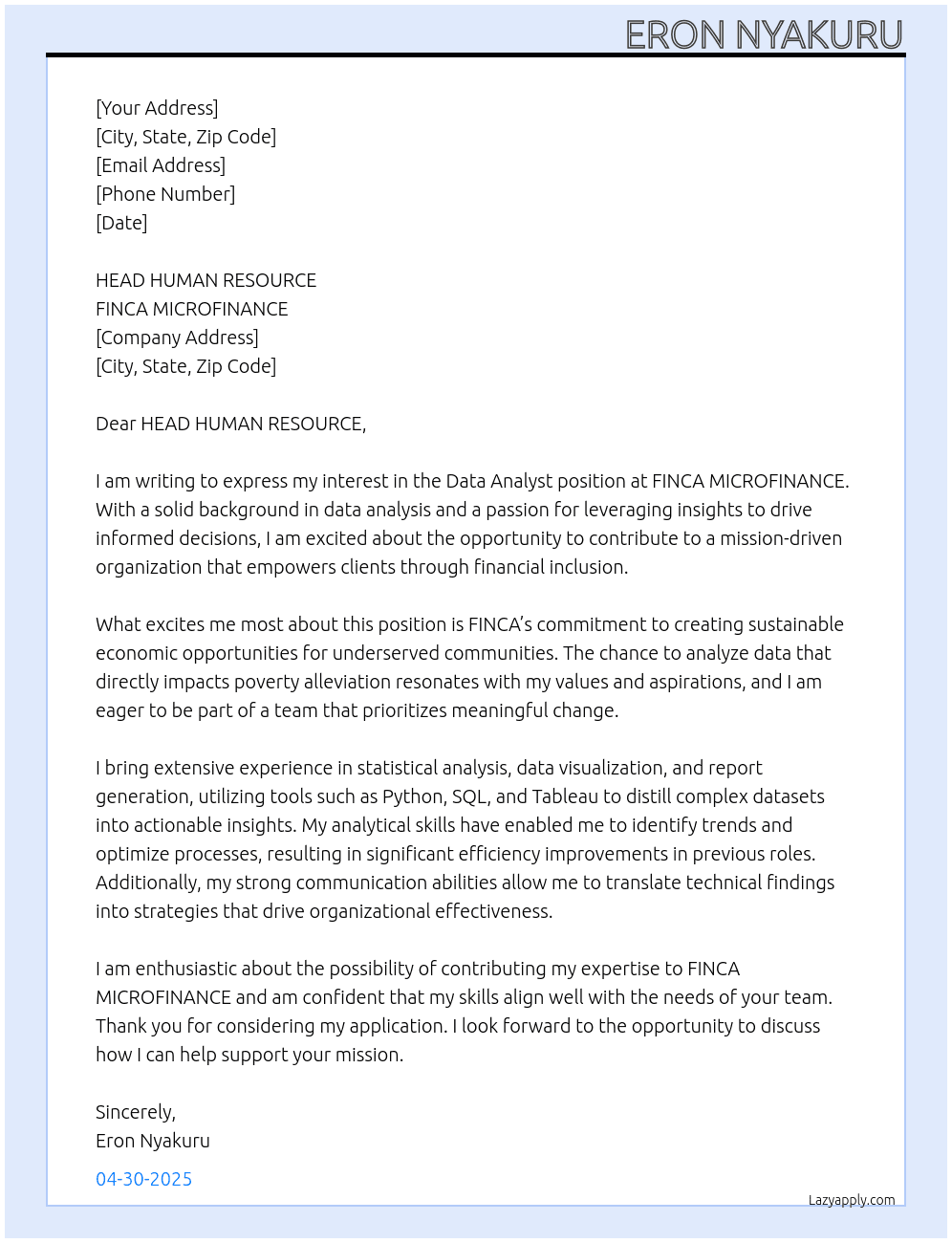 Data Analyst At FINCA MICROFINANCE Cover Letter
