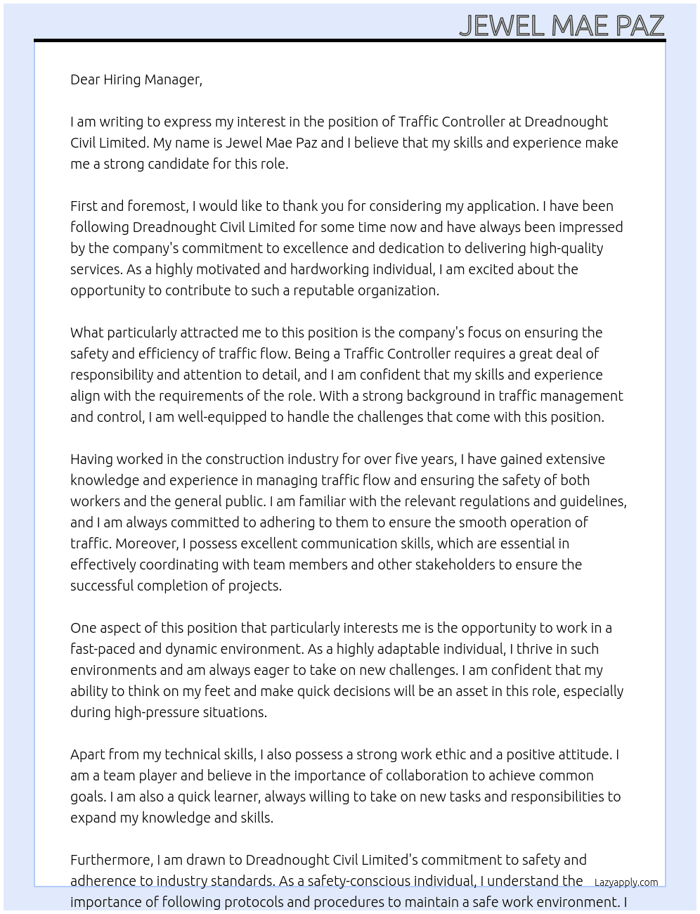 Traffic Controller  At Dreadnought Civil Limited Cover Letter