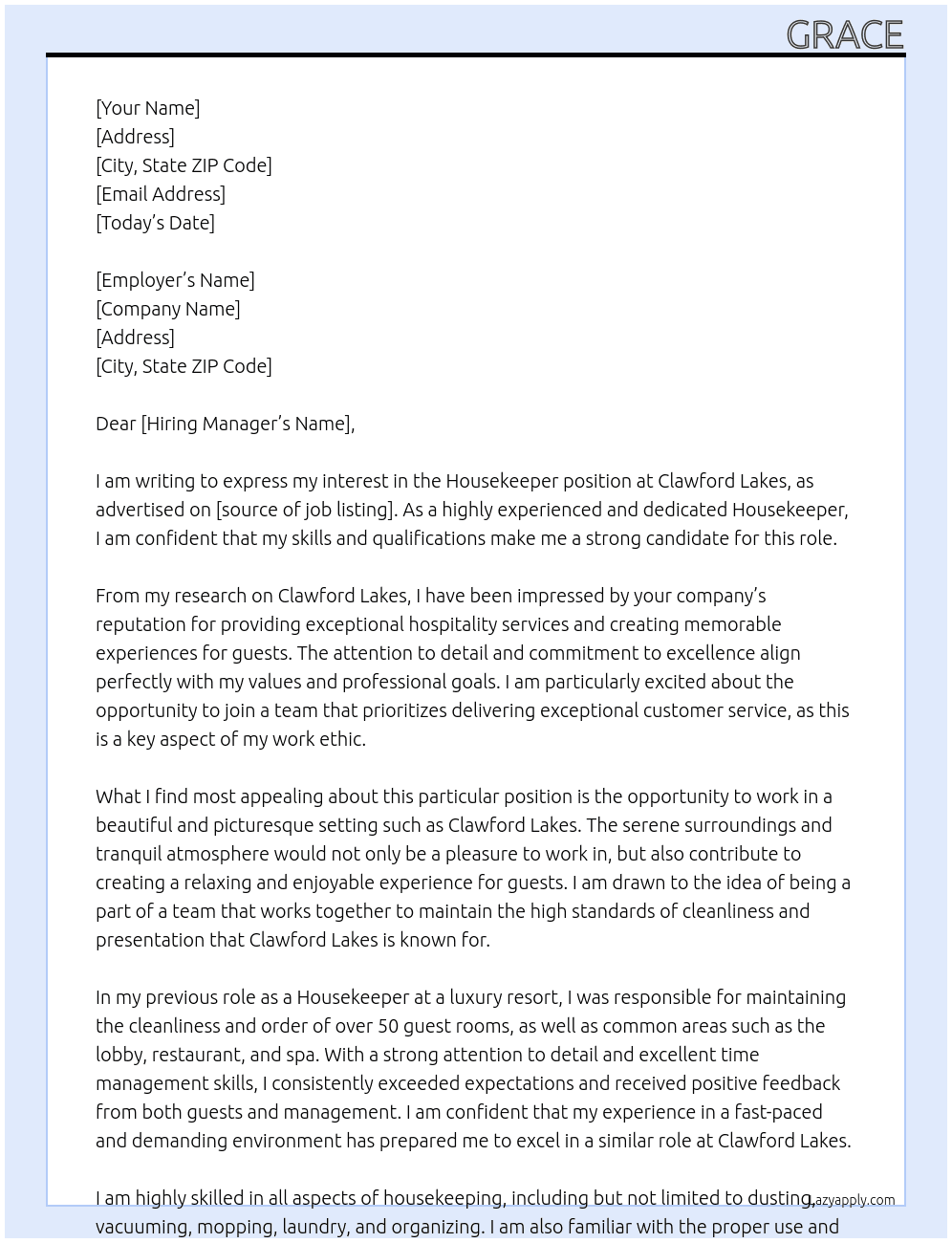 Housekeeper At Clawford Lakes Cover Letter