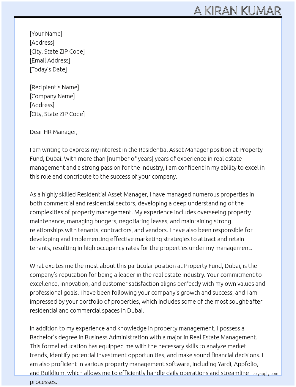 Residential Asset Manager At Property Fund, Dubai Cover Letter