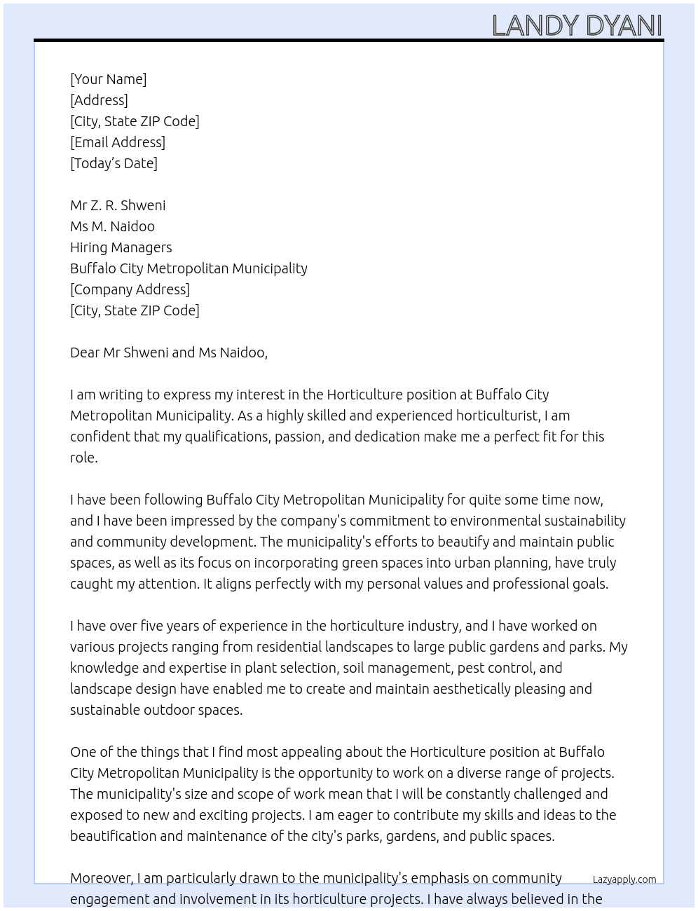 Horticulture At Buffalo City Metropolitan Municipality Cover Letter
