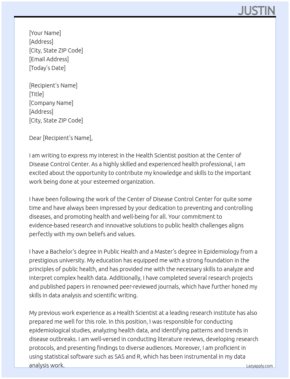 Health Scientist  At Center of Disease Control Center Cover Letter