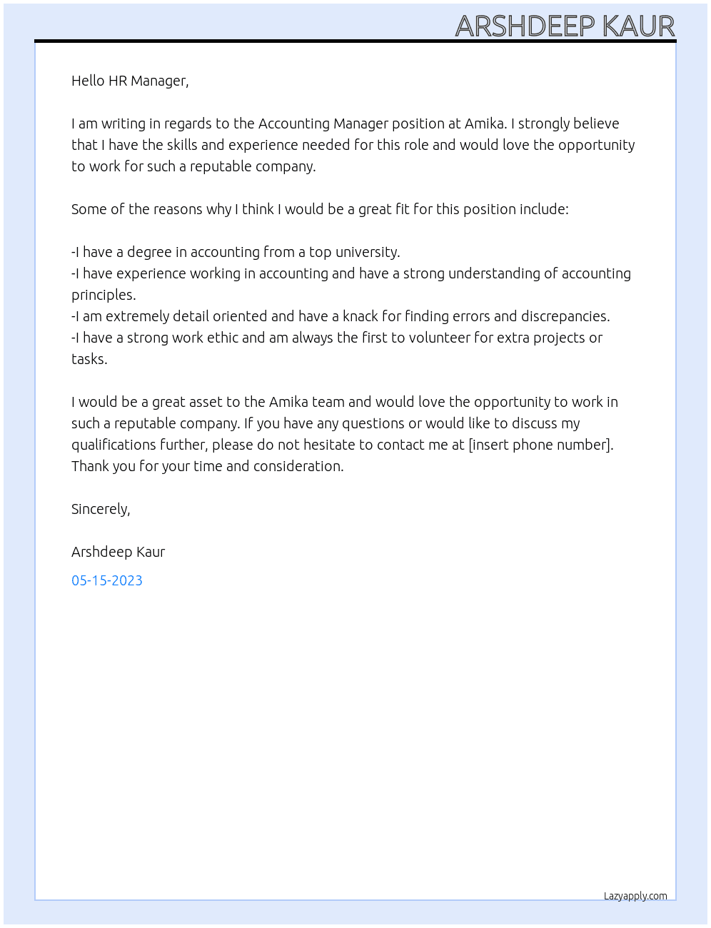 Accounting Manager At Amika Cover Letter