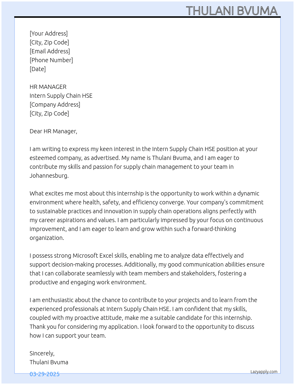 Intern SUPPLY CHAIN HSE At INTERN SUPPLY CHAIN HSE  Cover Letter
