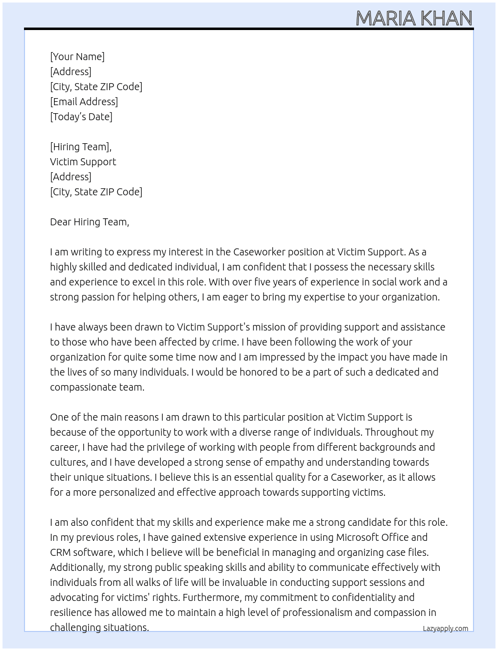 Caseworker At Victim Support Cover Letter