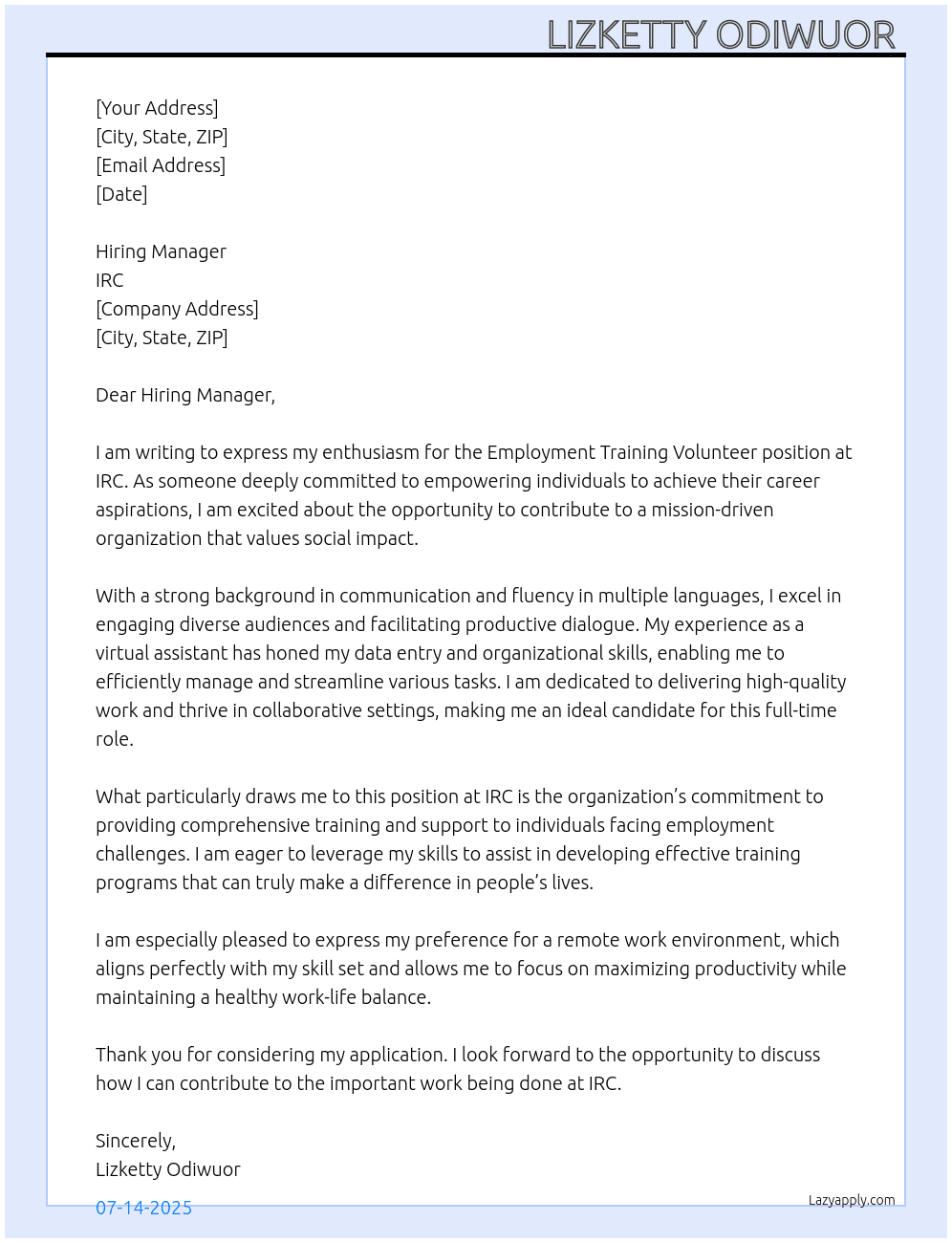 Cover letter for employment training volunteer - LazyApply