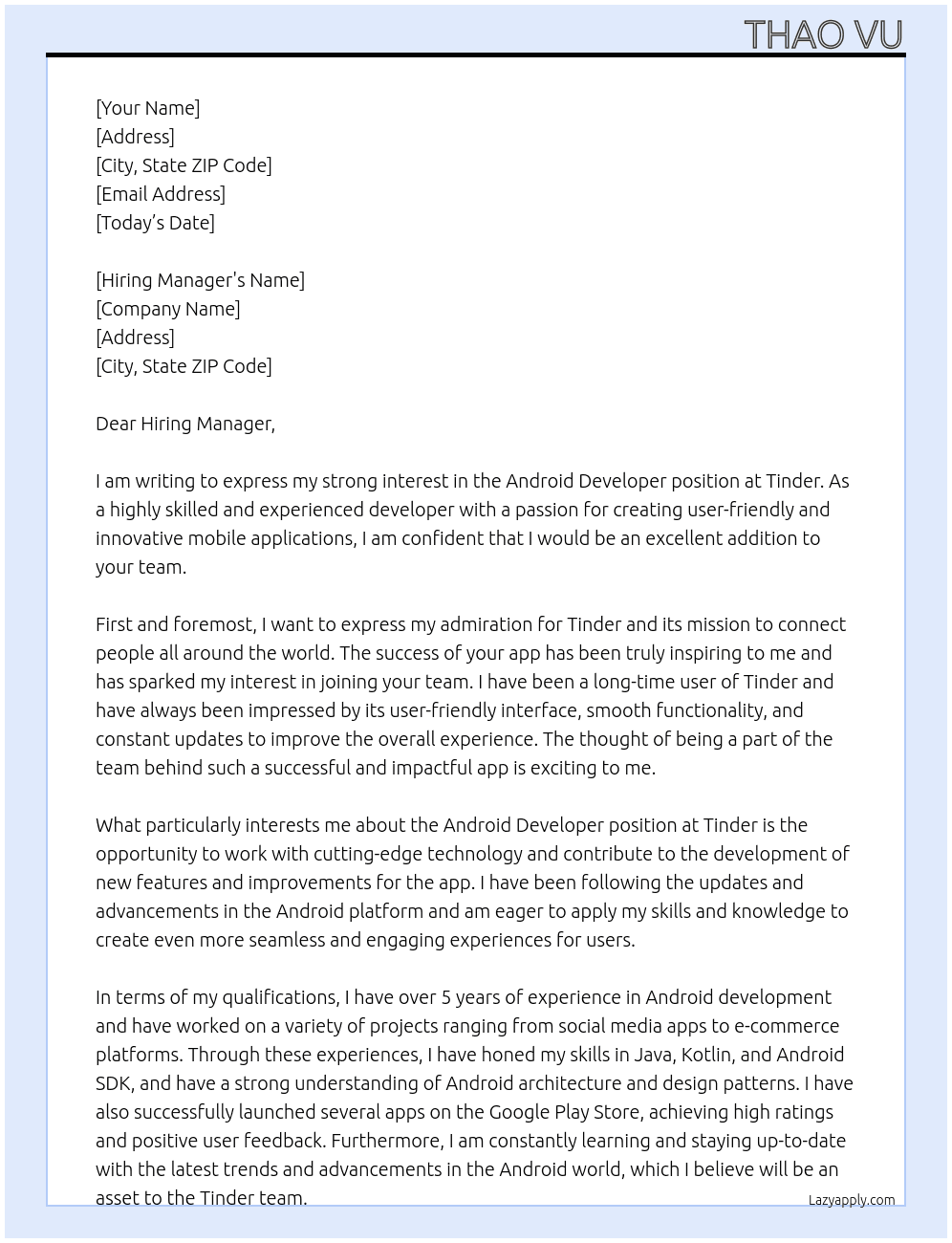Android Developer At Tinder Cover Letter
