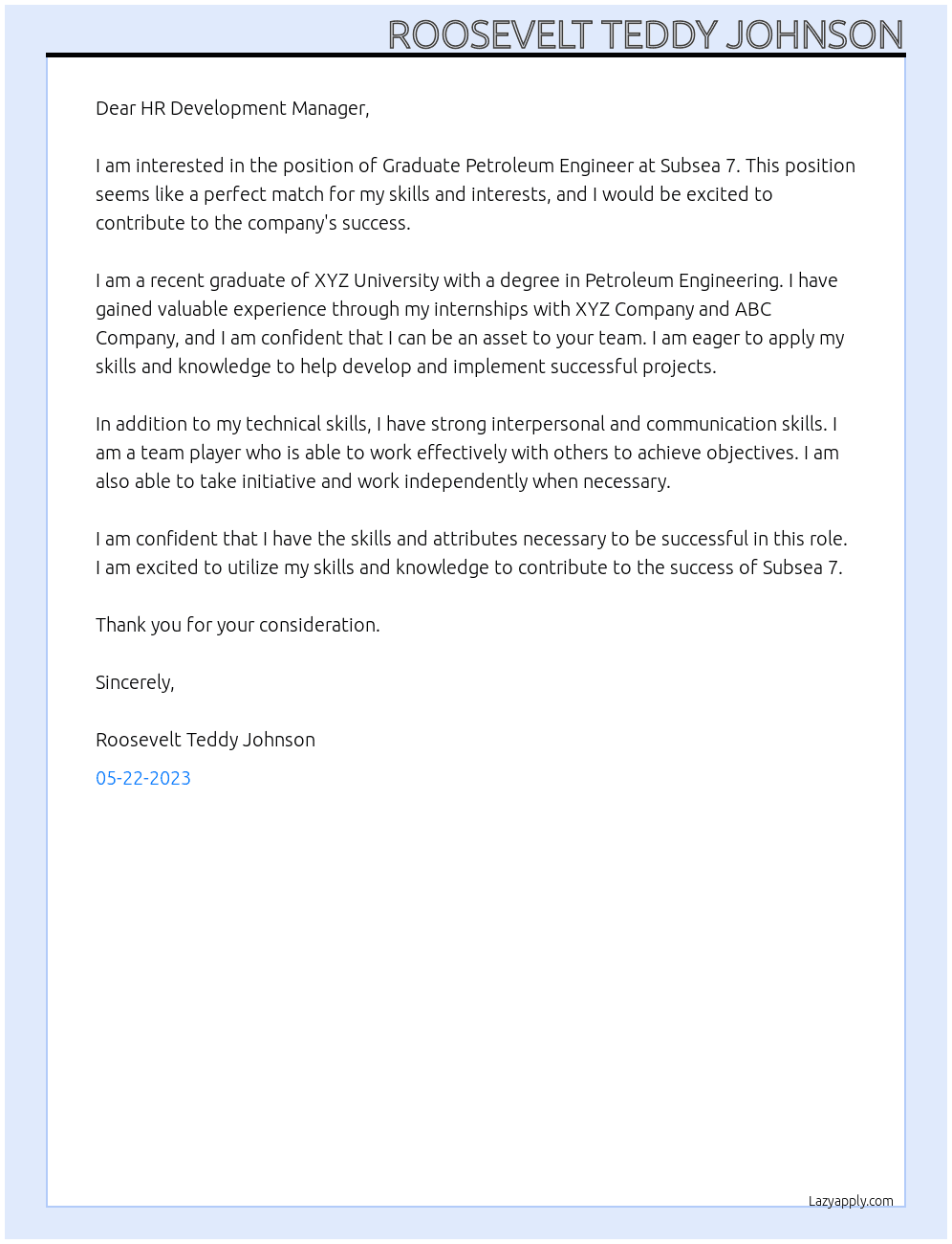  Graduate Petroleum Engineer At Subsea 7 Cover Letter