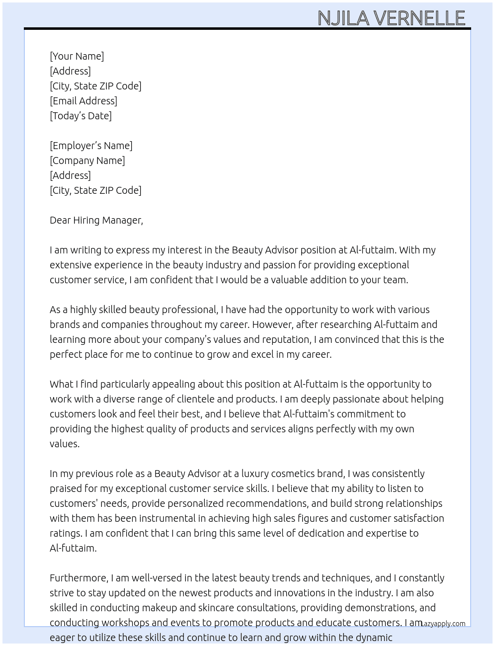 Beauty advisor  At Al-futtaim Cover Letter