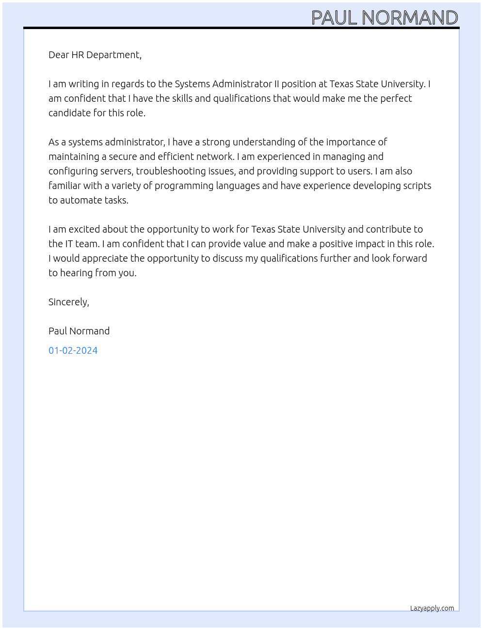 Systems Administrator II At Texas State University Cover Letter
