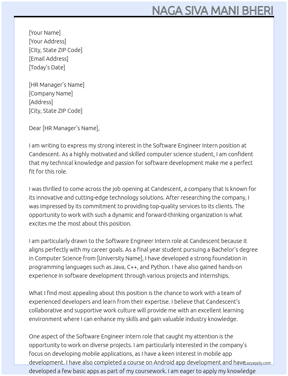 software Engineer intern At Candescent Cover Letter