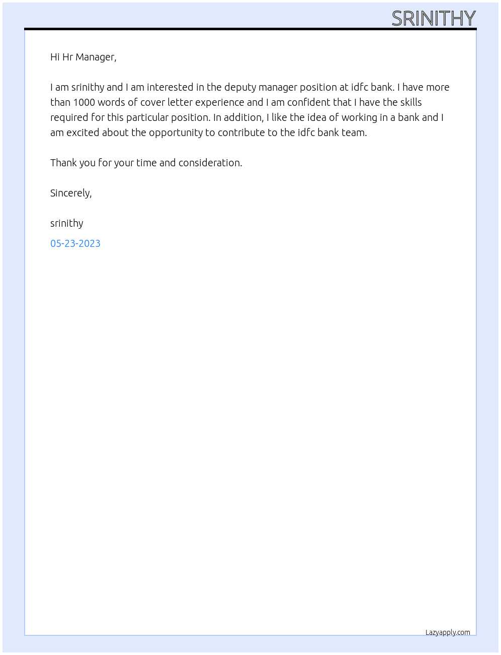 deputy manager At idfc bank Cover Letter