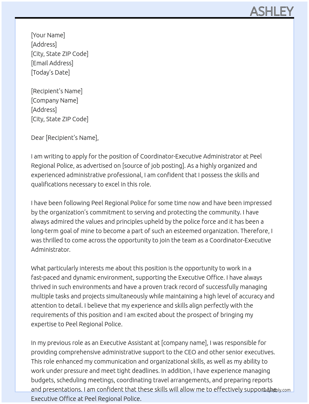 Coordinator- Executive Administrator At Peel Regional Police Cover Letter