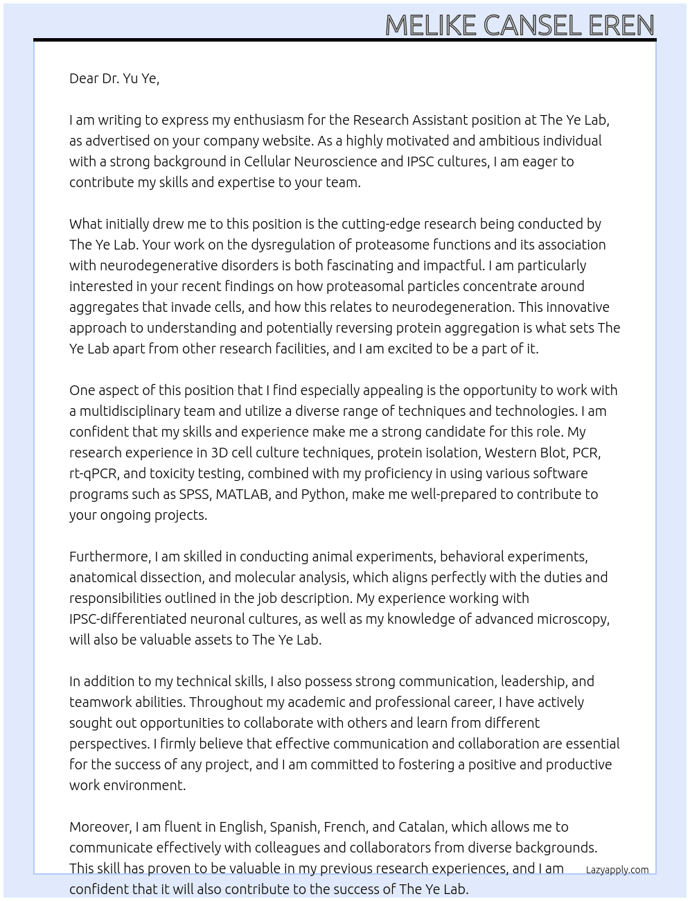 research assistant  At The Ye Lab  Cover Letter