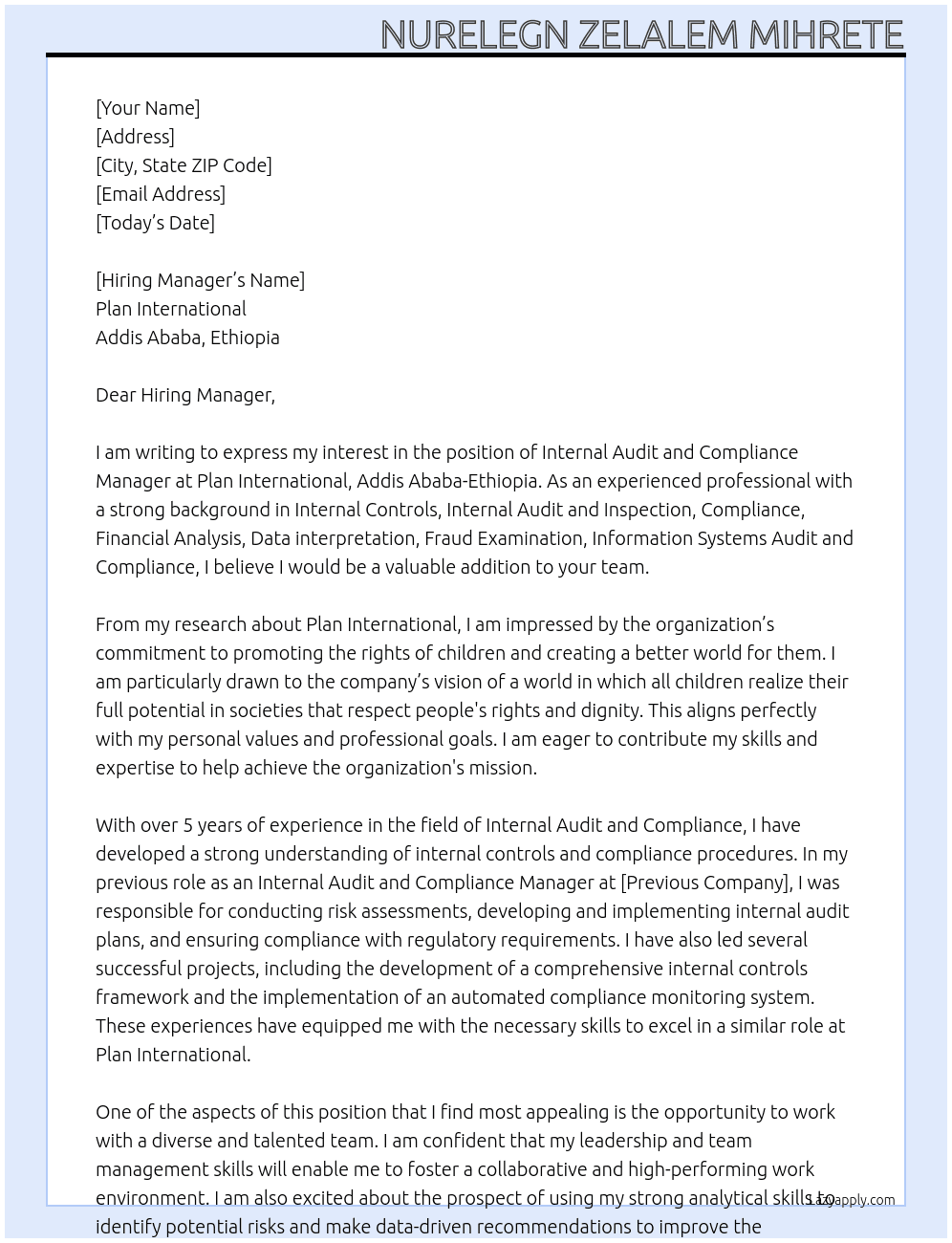 Internal Audit and Compliance Manager At Plan International, Addis Ababa-Ethiopia Cover Letter