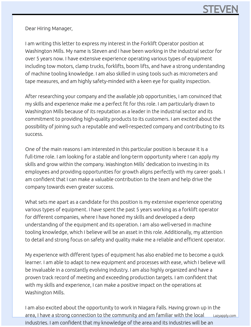 Fork lift operator  At Washington Mills Cover Letter