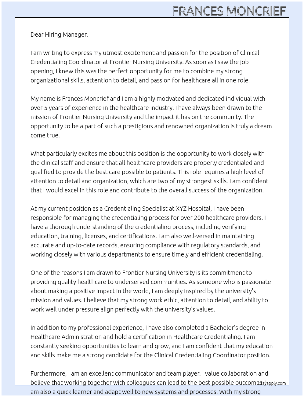 Clinical Credentialing Coordinator  At Frontier Nursing University  Cover Letter