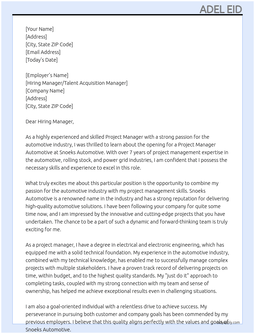 Project Manager Automotive At Snoeks Automotive Cover Letter