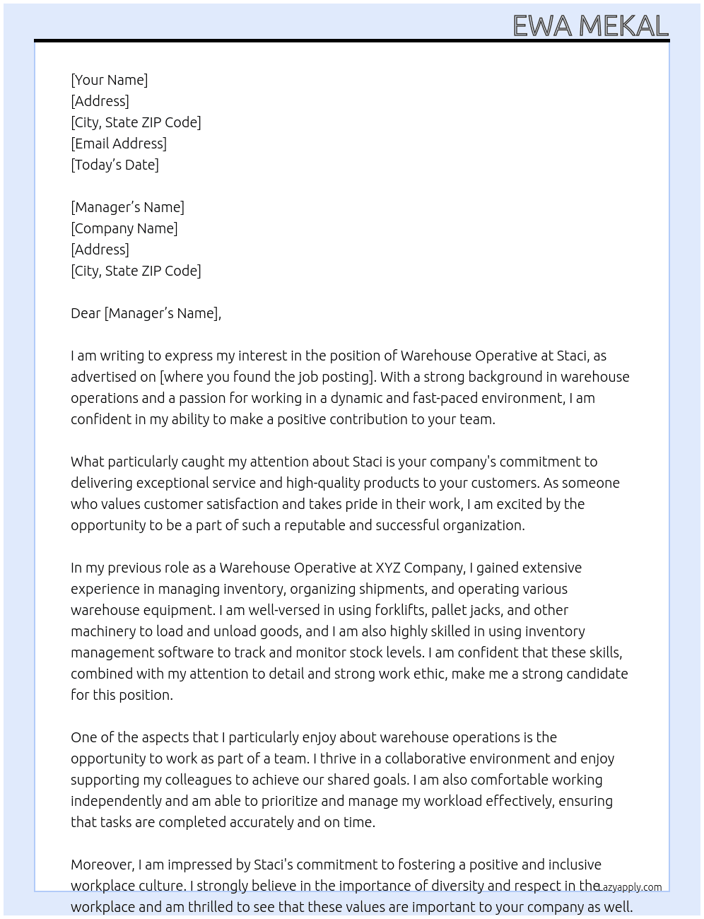 warehouse operative At Staci Cover Letter