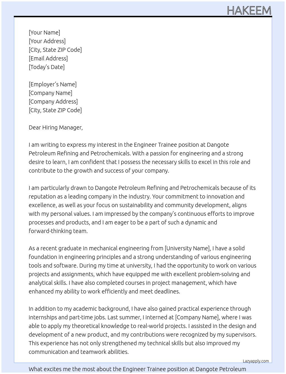Engineer Trainee  At Dangote Petroleum Refining and Petrochemicals  Cover Letter