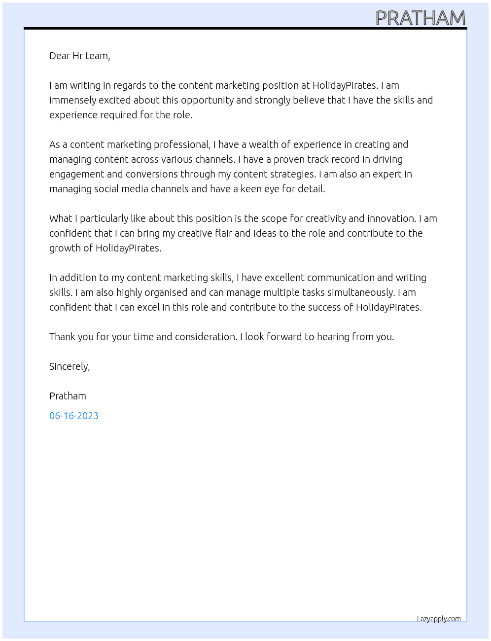 content marketing At HolidayPirates Cover Letter