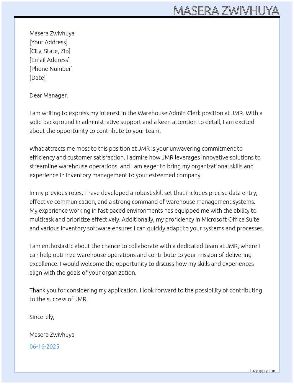 Warehouse admin clerk  At JMR  Cover Letter