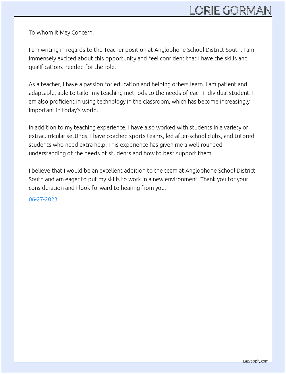 Teacher At Anglophone School District South Cover Letter