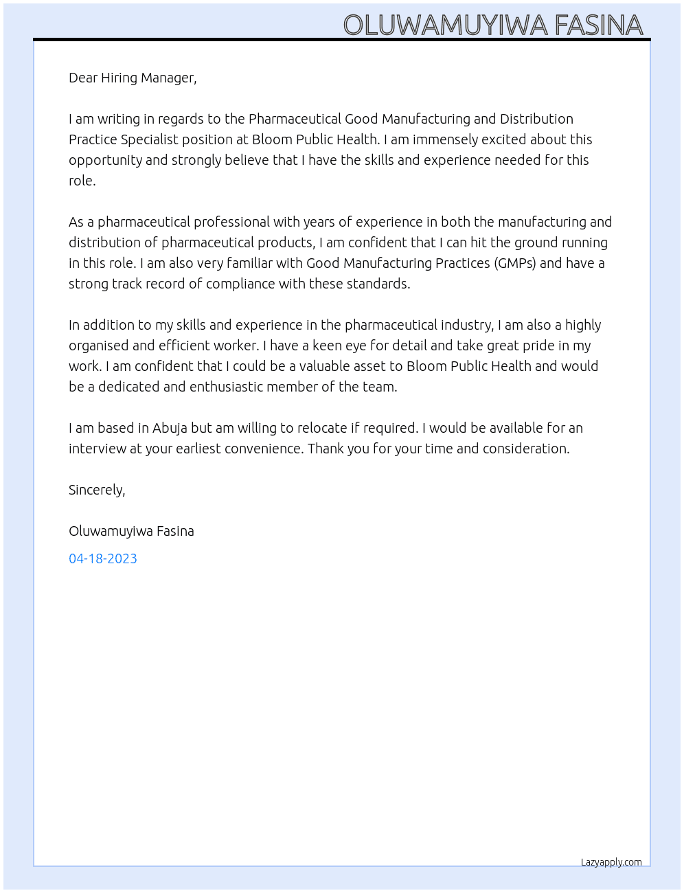 Pharmaceutical Good Manufacturing and Distribution Practice Specialist At Bloom Public Health Cover Letter