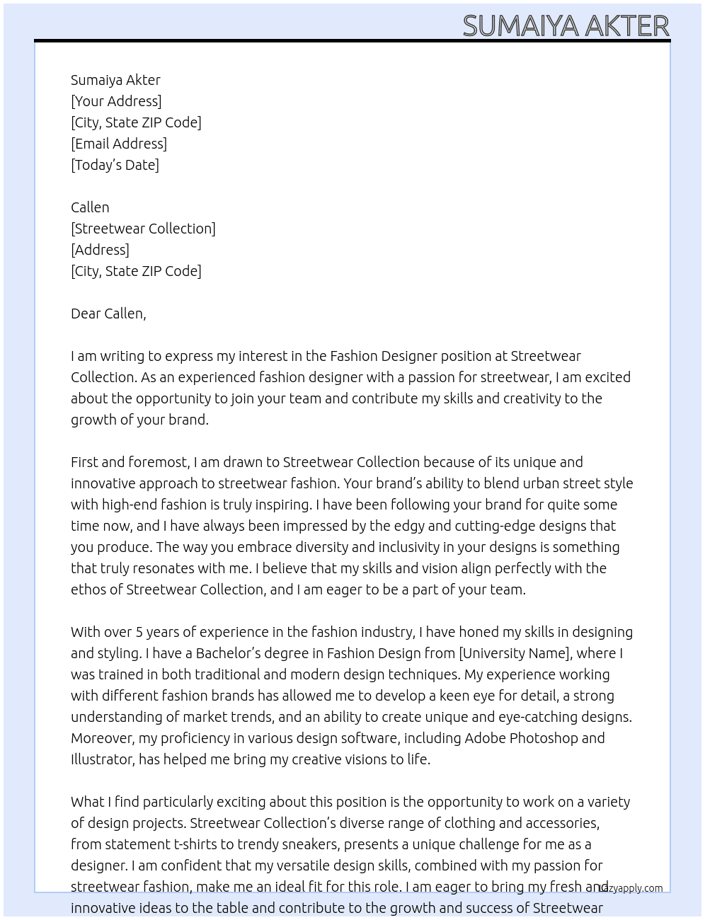 Fashion Designer At streetwear collection Cover Letter