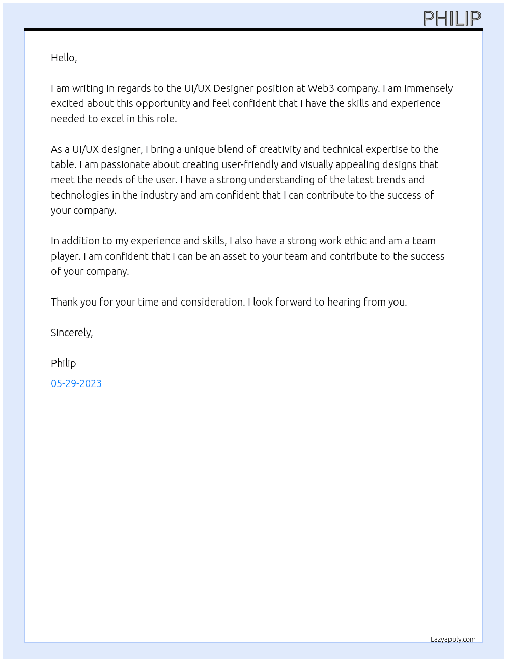UI UX designer  At Web3 company  Cover Letter