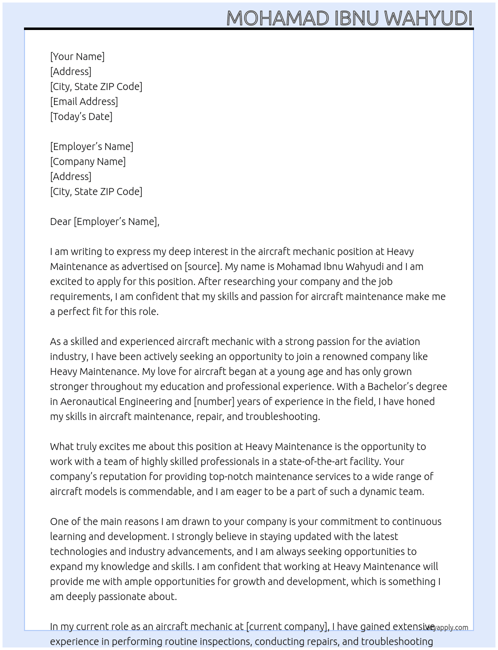 aircraft mechanic At heavy maintenance Cover Letter