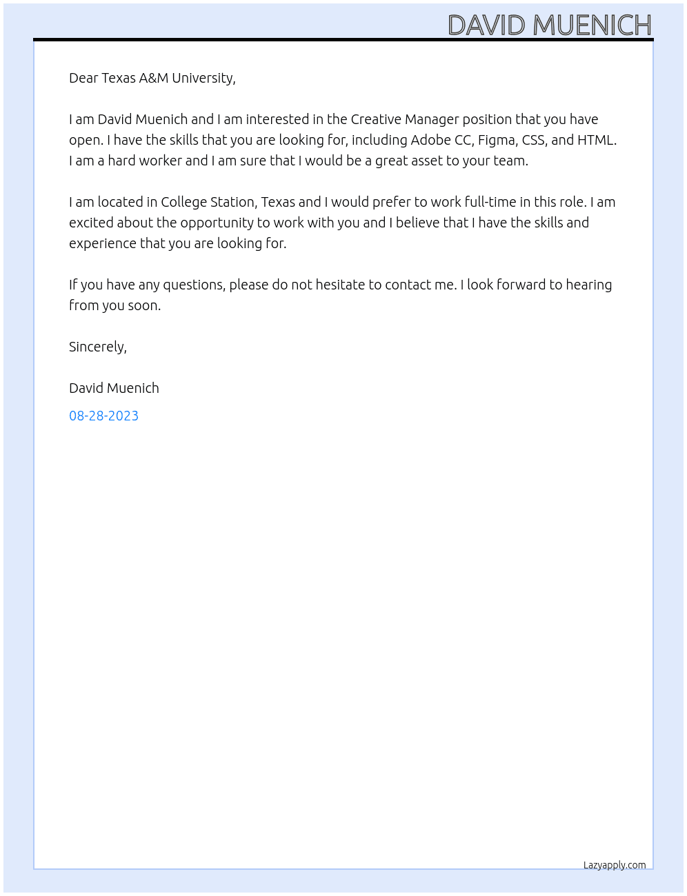 Creative Manager At Texas A&M University Cover Letter