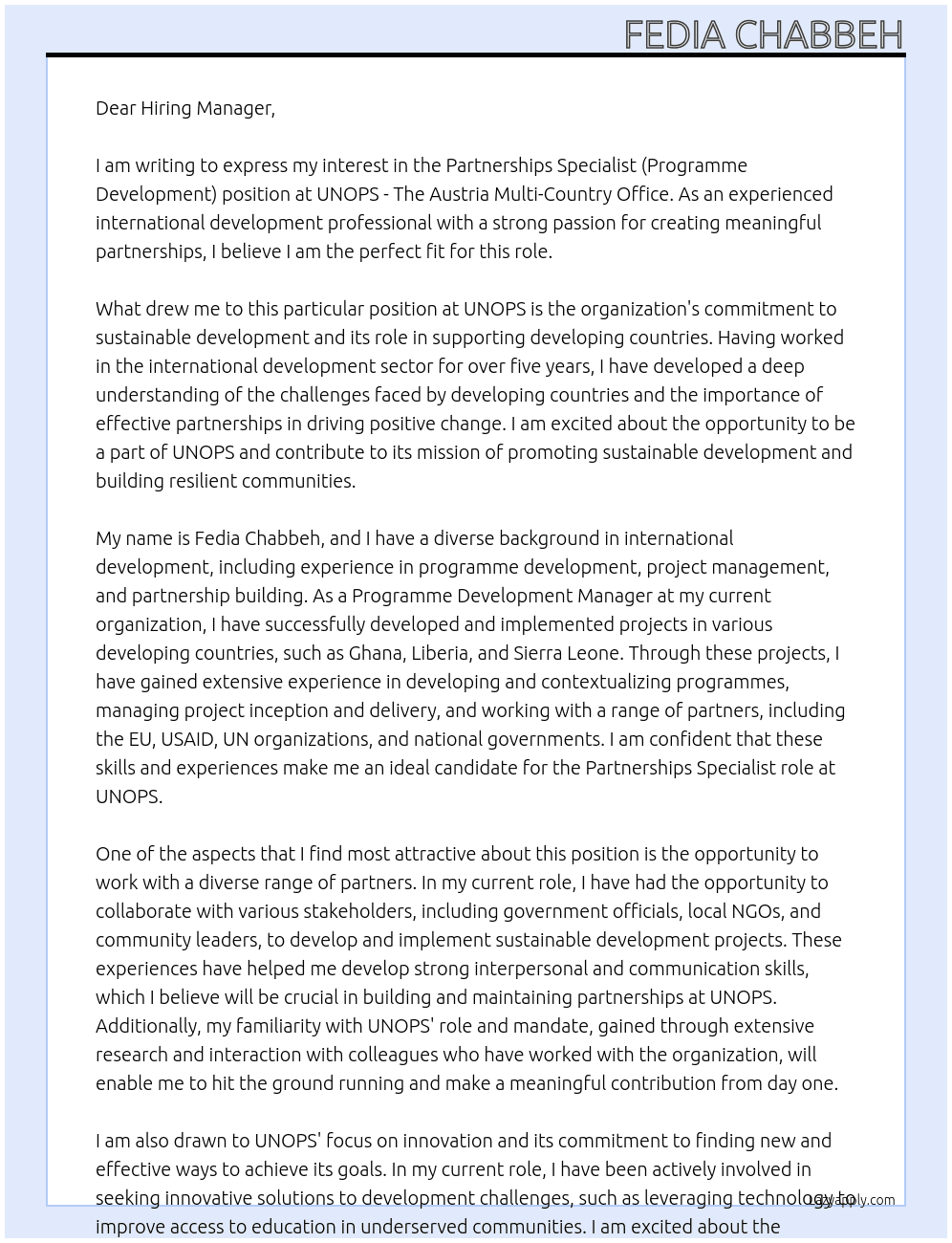 Partnerships Specialist (Programme Development) At UNOPS -The Austria Multi-Country Office  Cover Letter