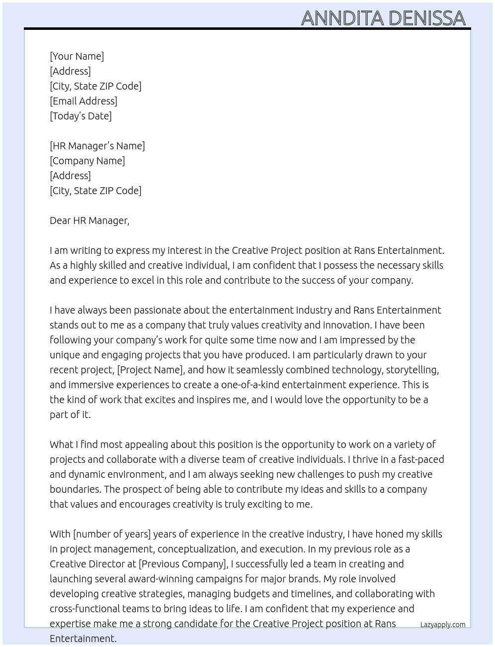 Creative project  At Rans entertainment  Cover Letter