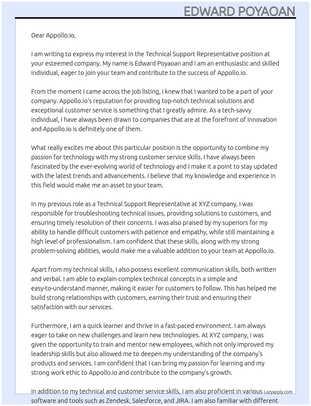 Technical Support Representative At Appollo.io Cover Letter