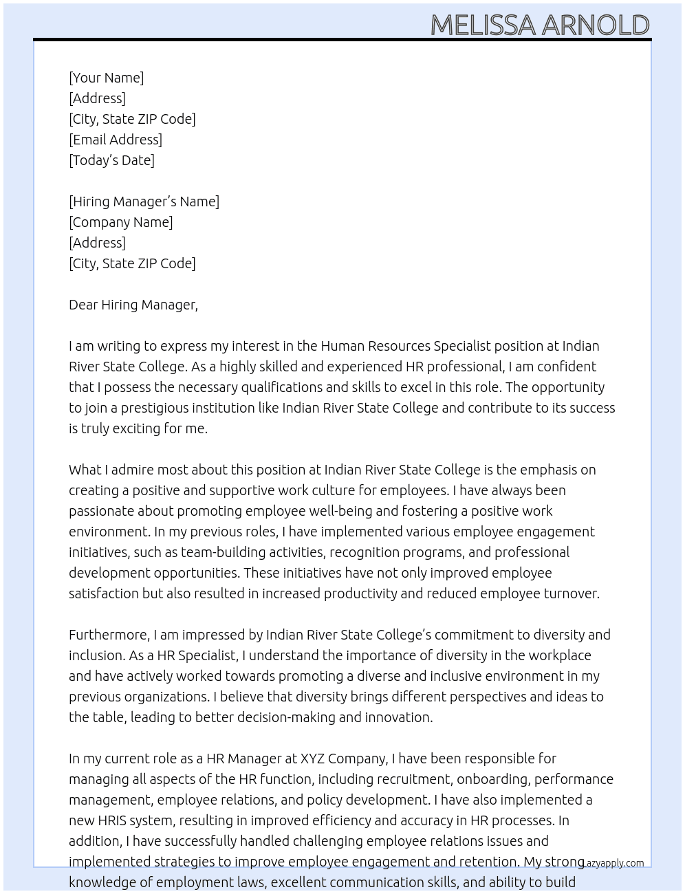 Human Resources Specialist At Indian River State College Cover Letter