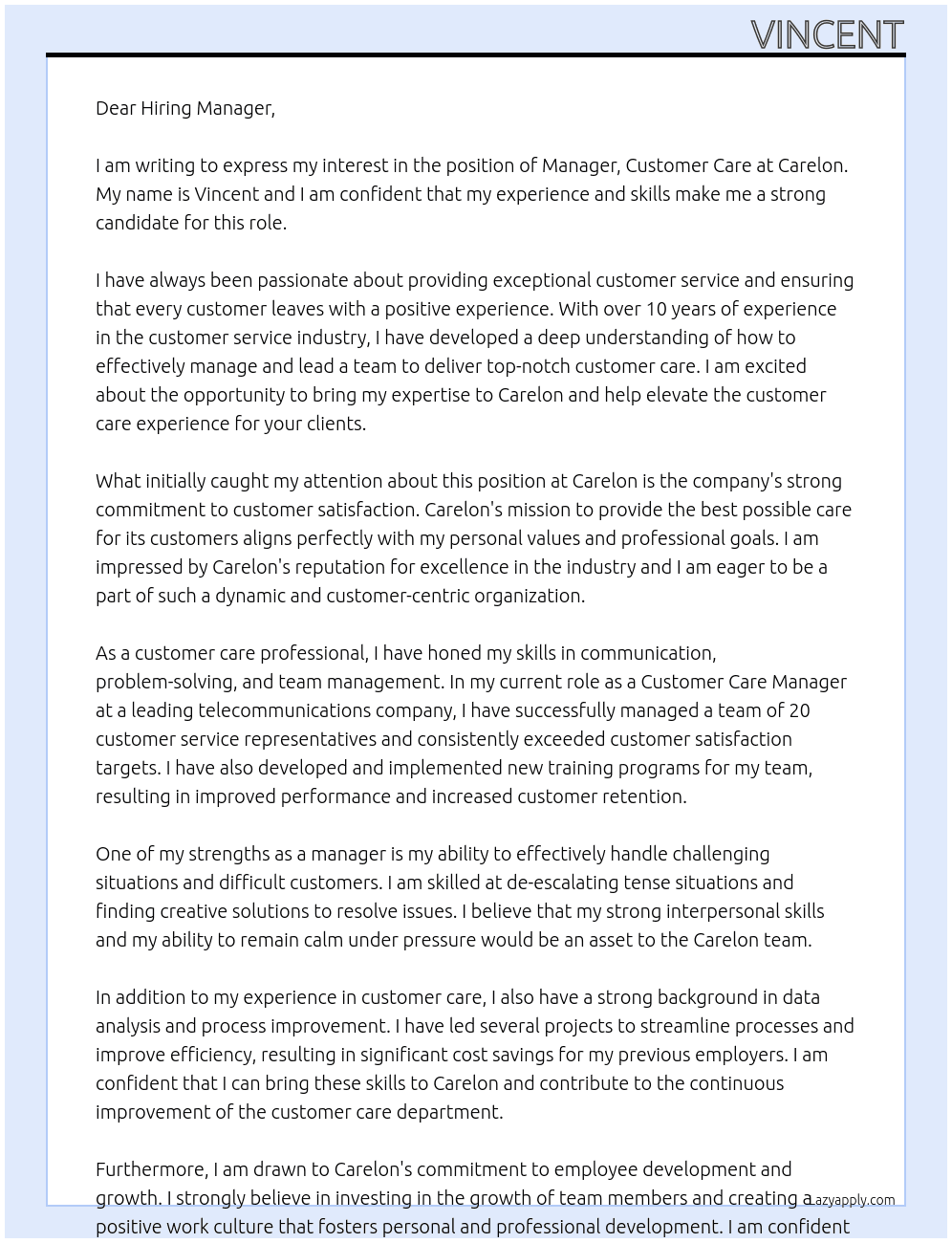 Manager, Customer Care At Carelon Cover Letter