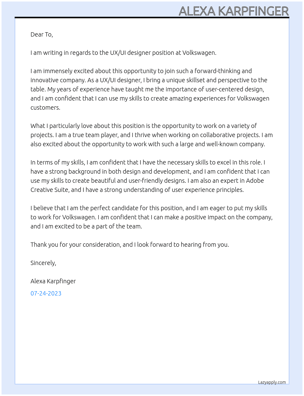 UX/UI designer At Volkswagen Cover Letter