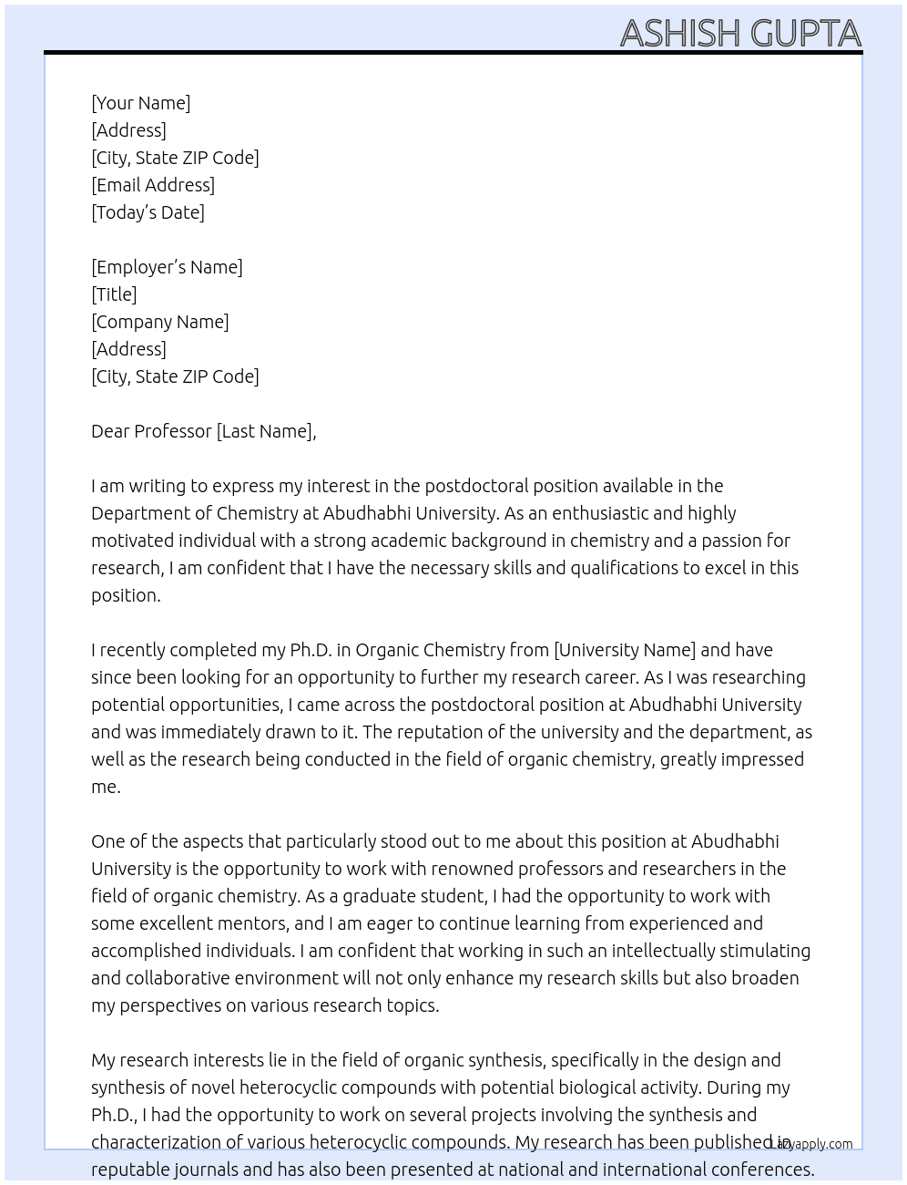 postdoctoral position At department of chemistry, abudhabhi university Cover Letter