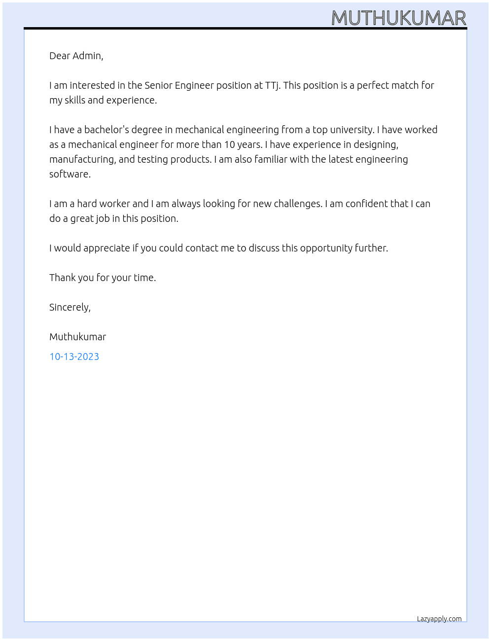 senior engieer At TTj Cover Letter