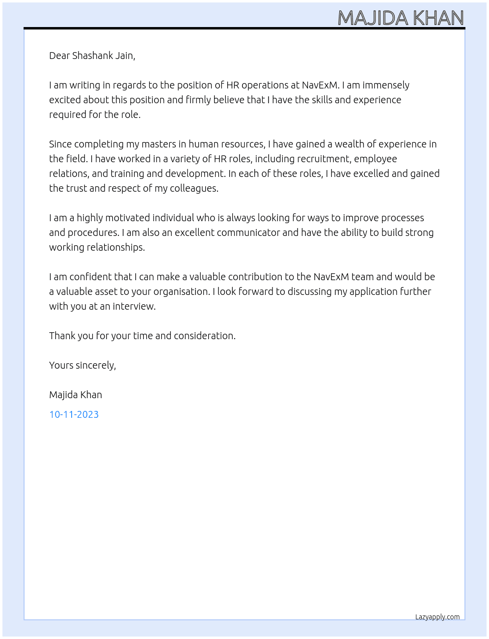 HR operation  At NavExM Cover Letter