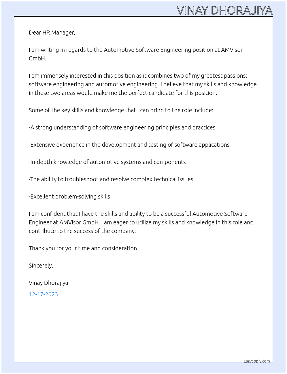 Automative Software Engineering At AMVisor GmbH Cover Letter