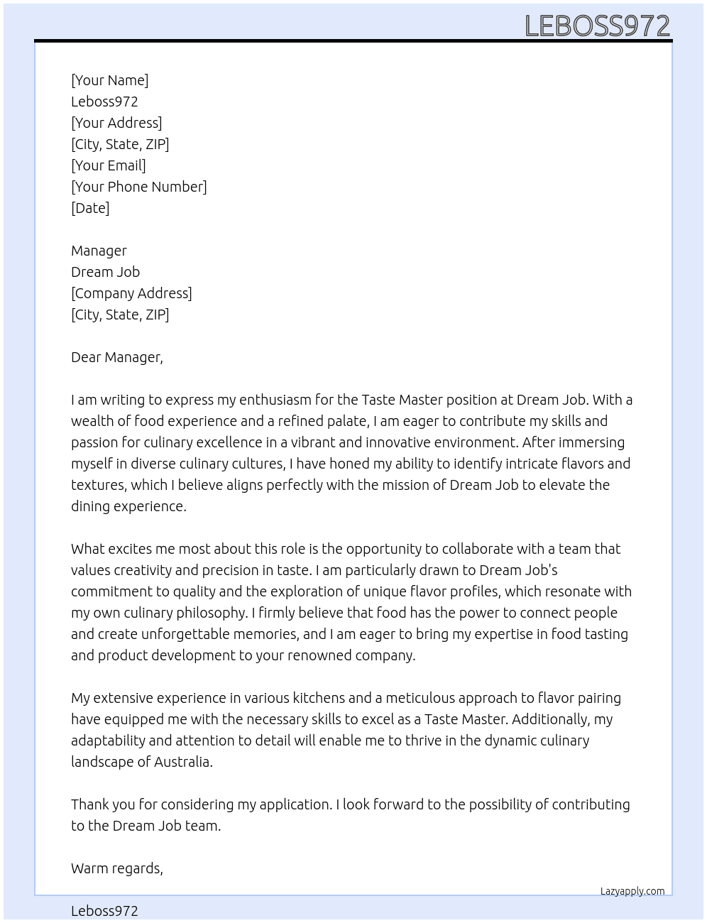 taste master At Dream job Cover Letter