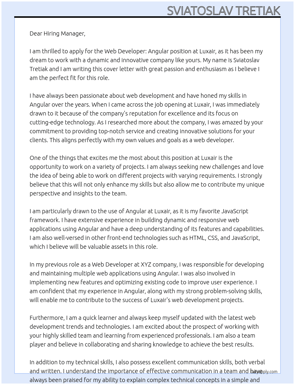 Web Developer : Angular At Luxair Cover Letter