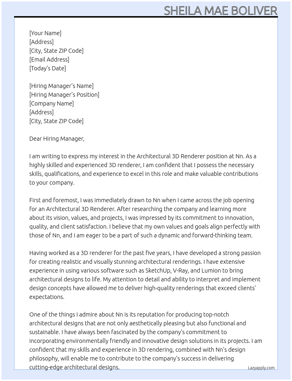 Architectural 3d Renderer At Nn Cover Letter