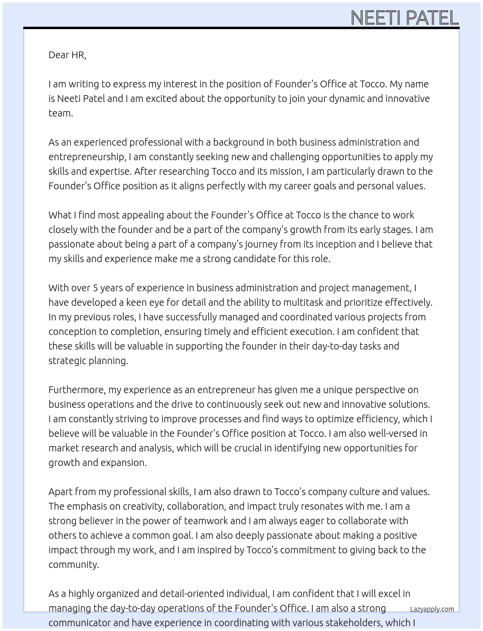 Founder's office At Tocco Cover Letter