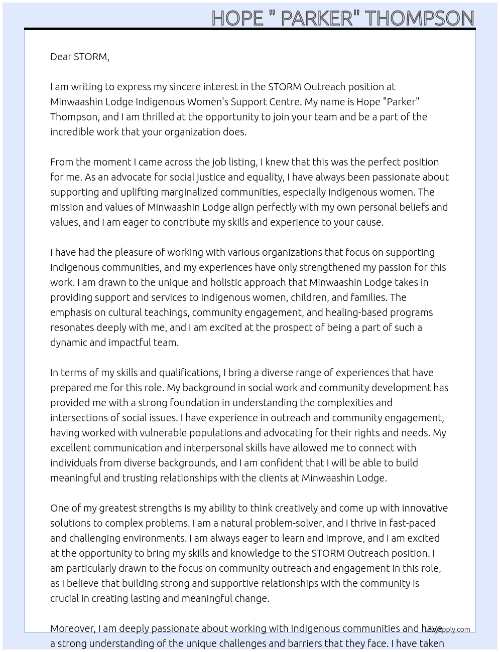 STORM Out Reach At Minwaashin Lodge  Indigenous  Womens Support Centre Cover Letter