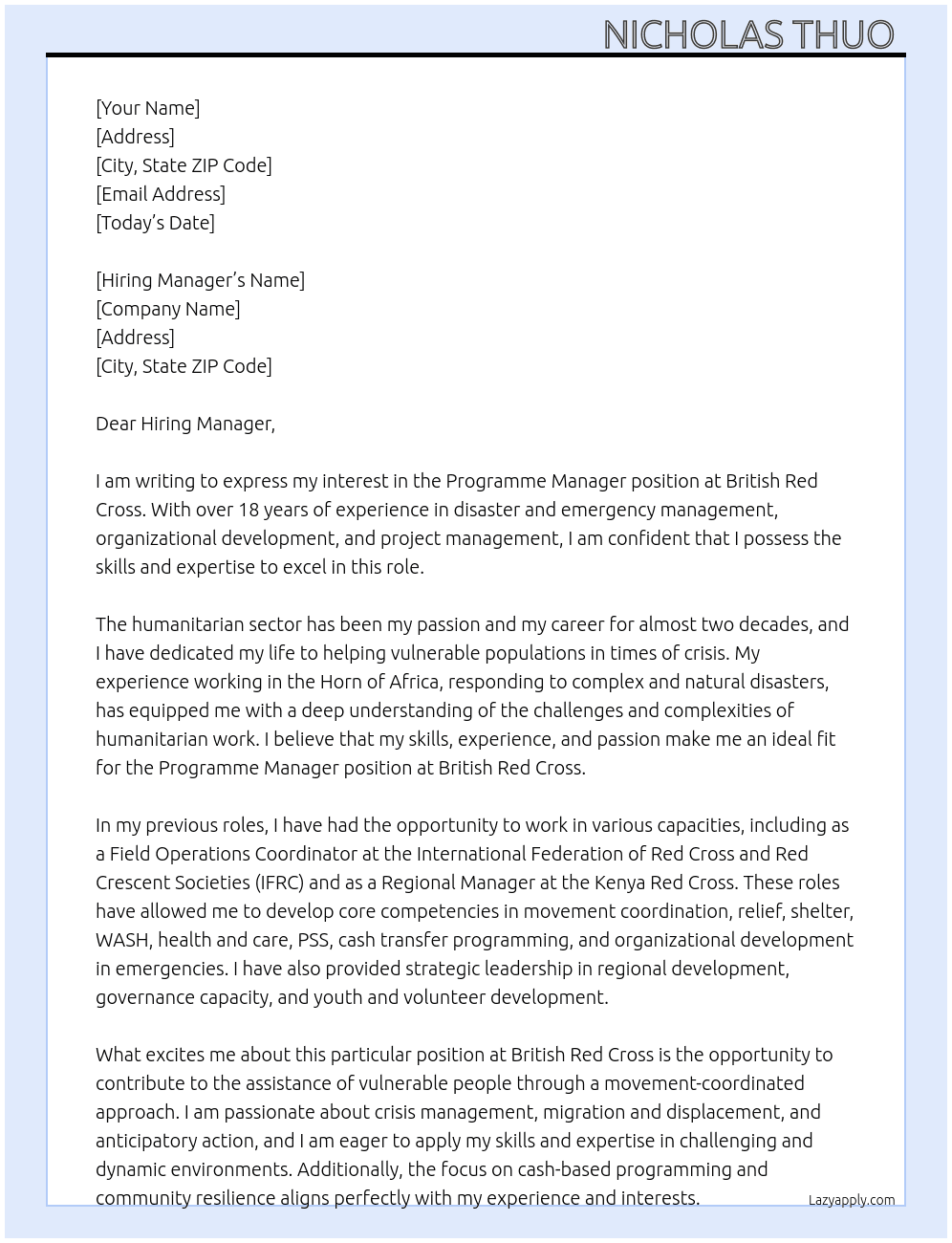 Programme Manager At British Red Cross  Cover Letter