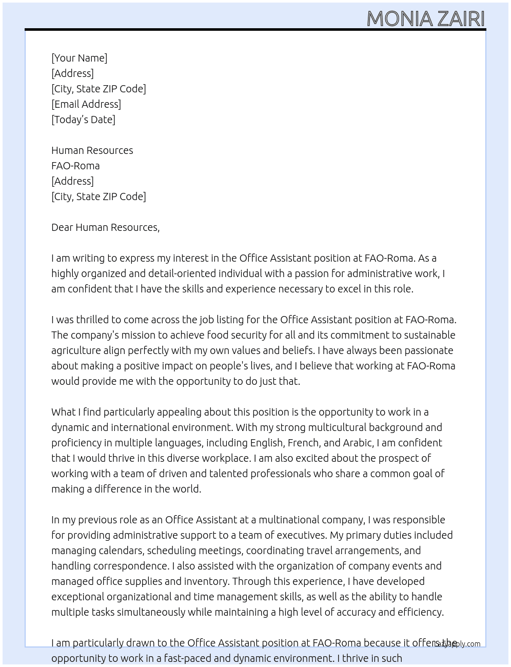 Office Assistant At FAO- Roma Cover Letter